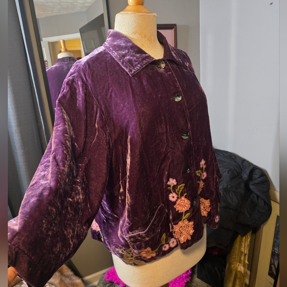 Artsy and Chic J.Jill Plum Velvet Embroidered Button-Front Jacket - Picture 5 of 8